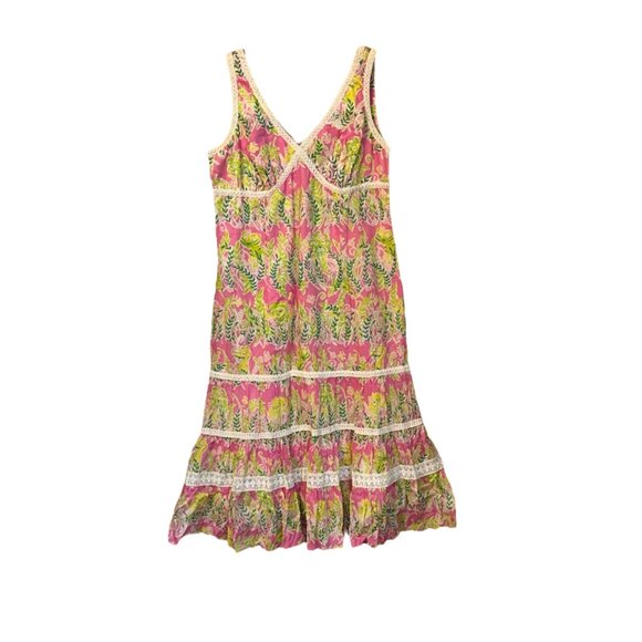 Vintage Lilly Pulitzer Shift Boho Crochet Edging Midi Dress 12 Ruffle Vacation - Picture 1 of 10